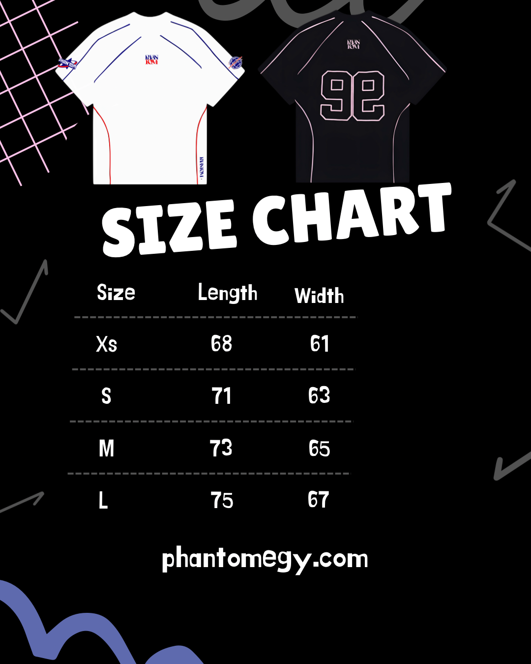 PHNTM WRLD black tee size chart